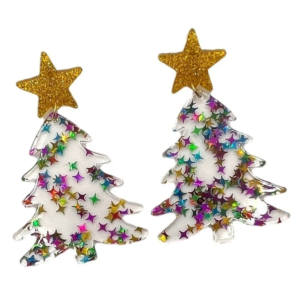 Clear Acrylic Christmas Tree Dangle Earrings Multicolored Stars Festive Jewelry